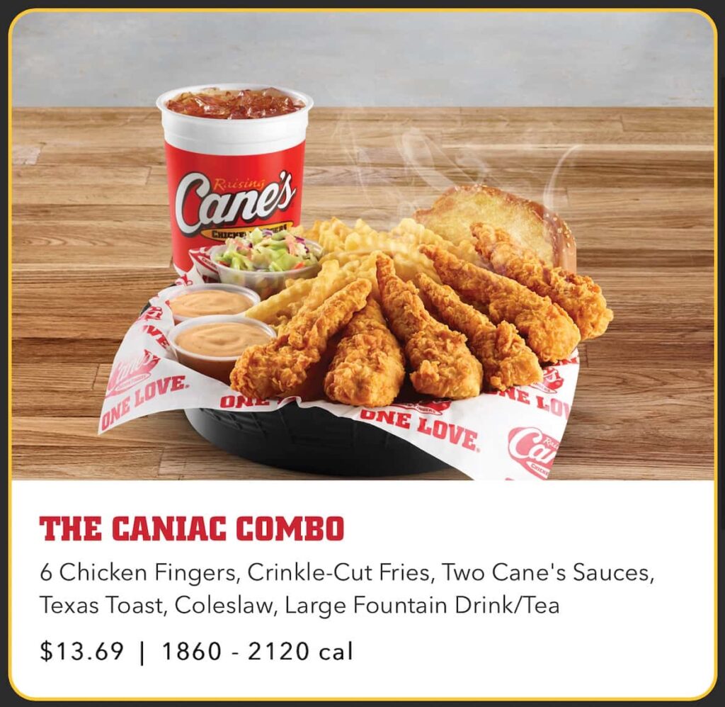 Raising Cane's Combo Menu