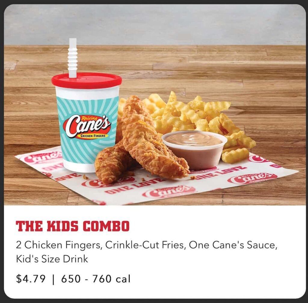 Raising Cane's kids Combo Menu