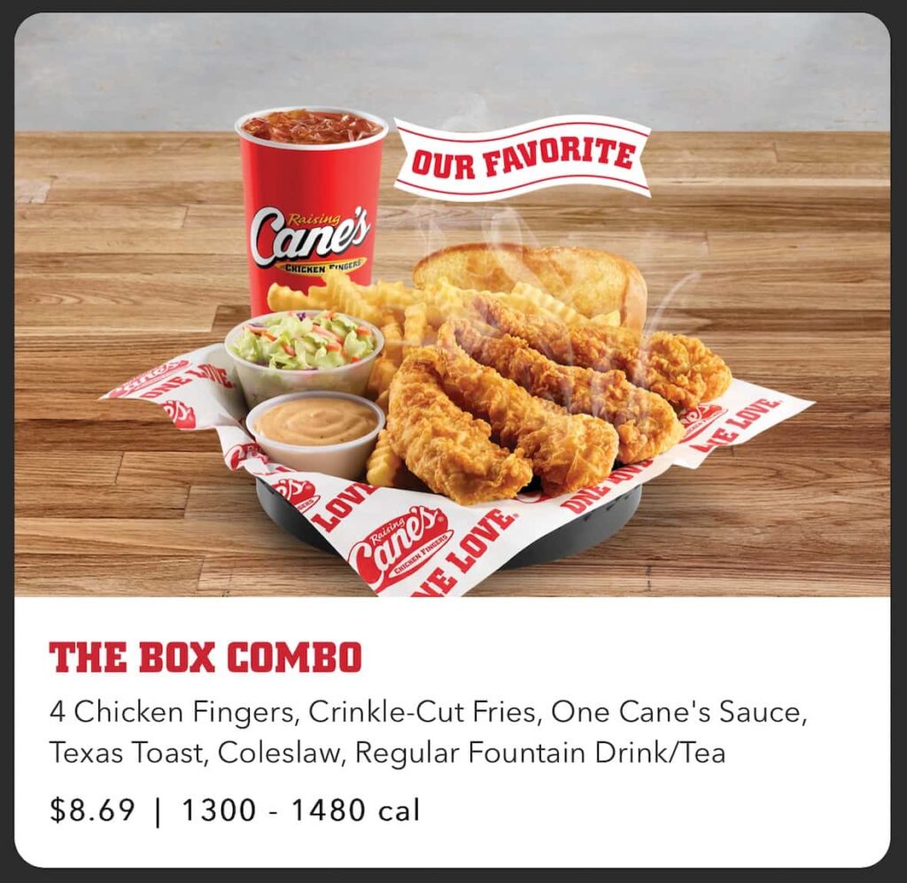 Raising Cane's Combo Menu