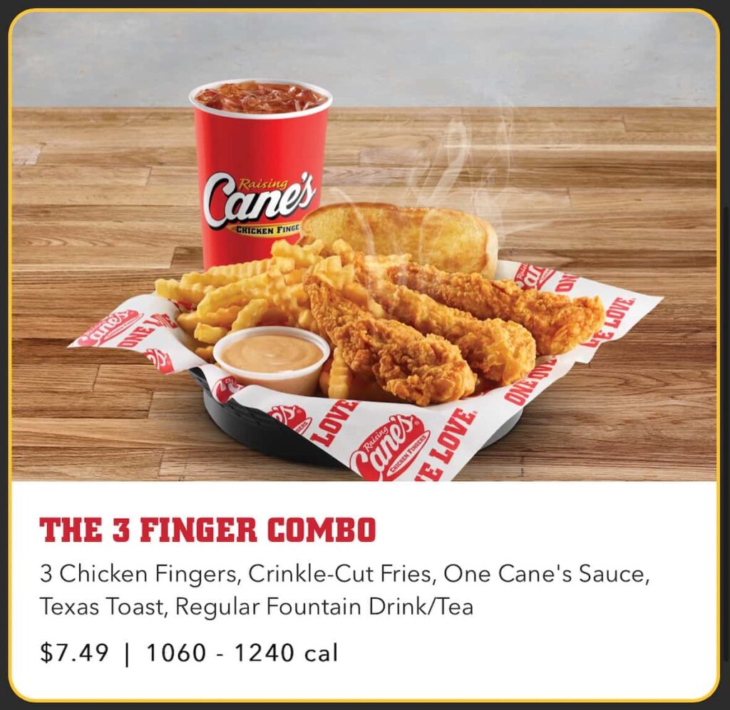 Raising Cane's Combo Menu